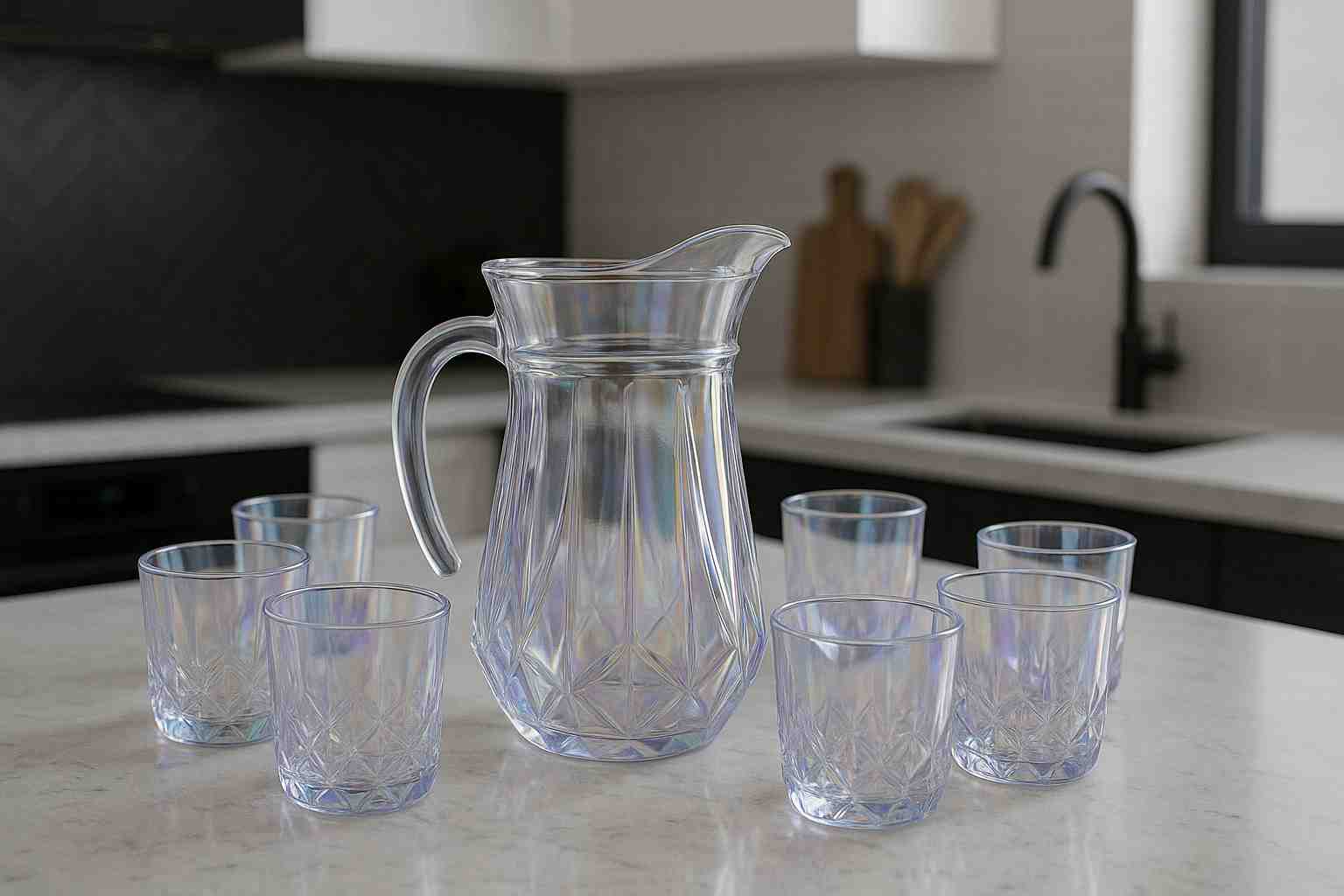 SET DE JARRA Y 6 VASOS TORNASOL VIDRIO