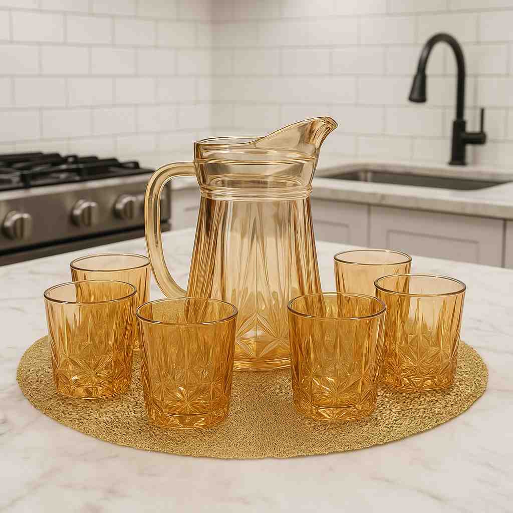 SET DE JARRA Y 6 VASOS AMBAR VIDRIO