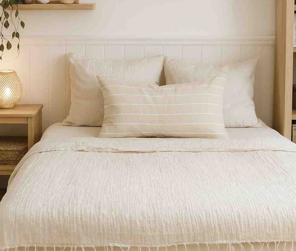 ALMOHADON COMPLETO ARENA RAYAS BLANCAS 70X50CM